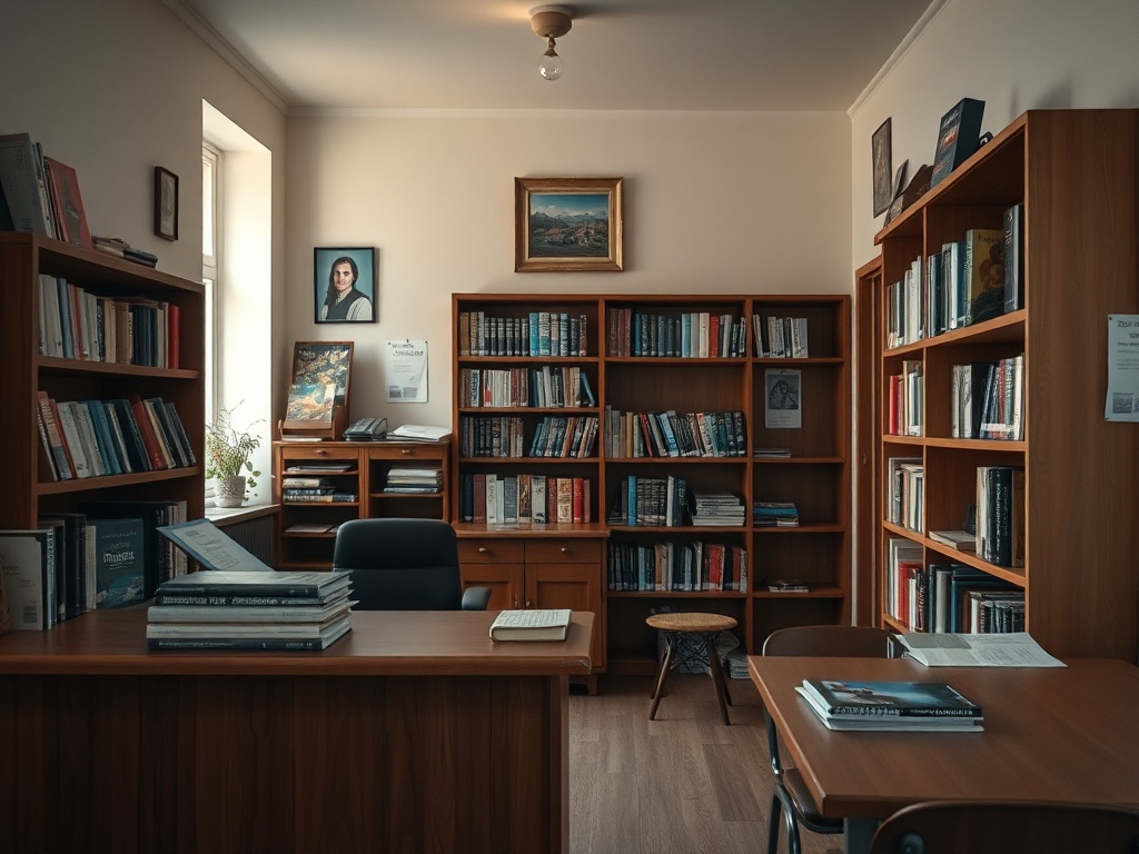 Interior of a small language school reception area in a Polish city
